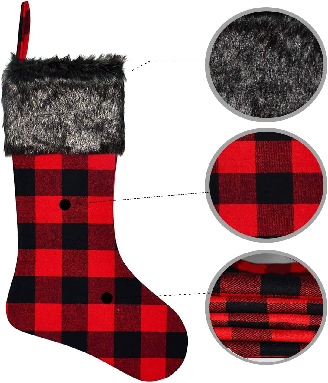 Christmas Stockings - 4 Pack 18" Red Black Buffalo Plaid Stockings with Plush Faux Fur Cuff, Classic Large Christmas Decorations