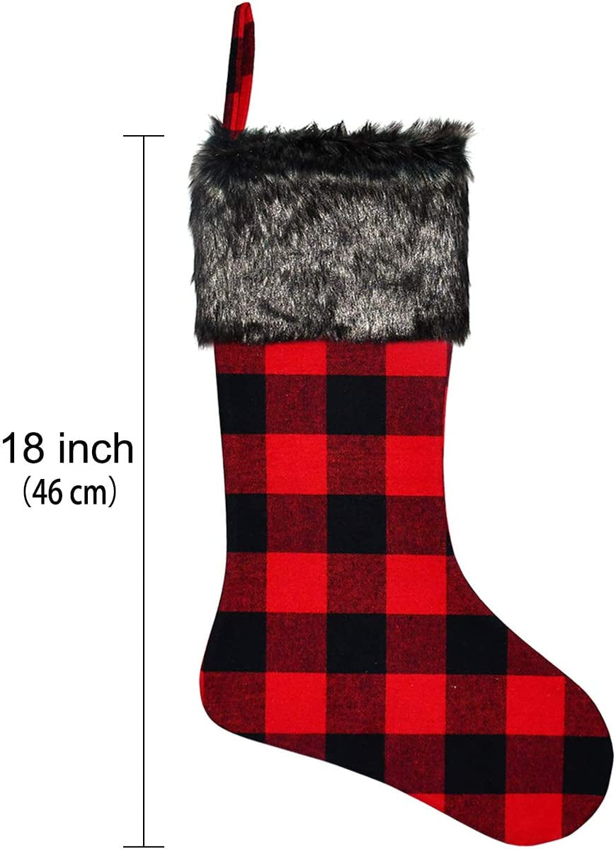 Christmas Stockings - 4 Pack 18" Red Black Buffalo Plaid Stockings with Plush Faux Fur Cuff, Classic Large Christmas Decorations