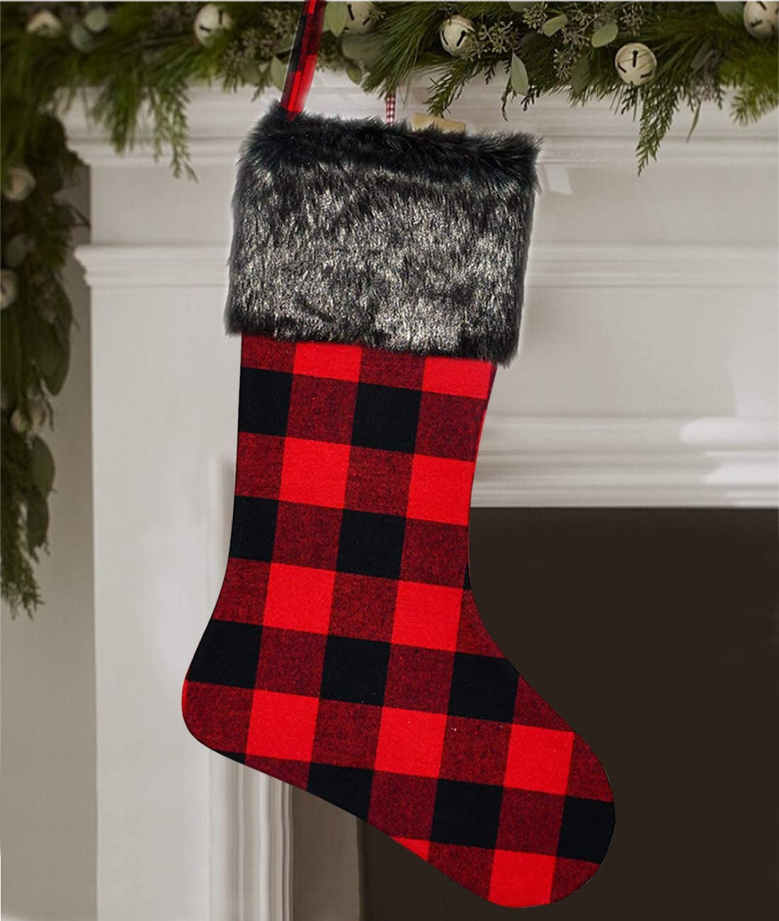 Christmas Stockings - 4 Pack 18" Red Black Buffalo Plaid Stockings with Plush Faux Fur Cuff, Classic Large Christmas Decorations