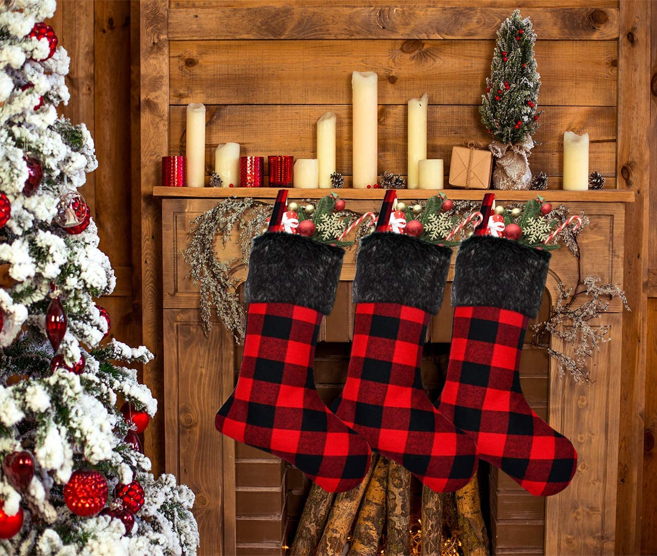 Christmas Stockings - 4 Pack 18" Red Black Buffalo Plaid Stockings with Plush Faux Fur Cuff, Classic Large Christmas Decorations