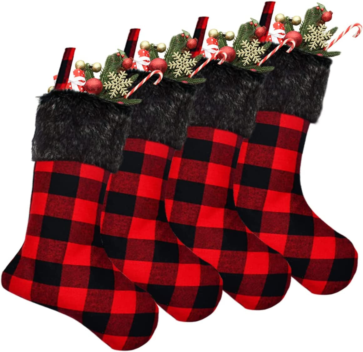 Christmas Stockings - 4 Pack 18" Red Black Buffalo Plaid Stockings with Plush Faux Fur Cuff, Classic Large Christmas Decorations