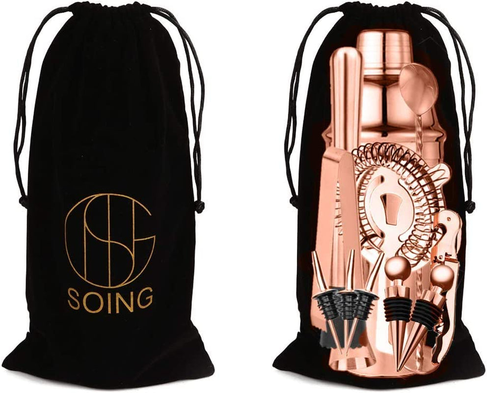 Tis the Season Rose Copper 24pc Bar Set! Perfect Holiday Home Bartending Kit for Festive Drink Mixing. Stainless Steel Bar Tools with Stand, Velvet Carry Bag, and Recipe E-Book Included.