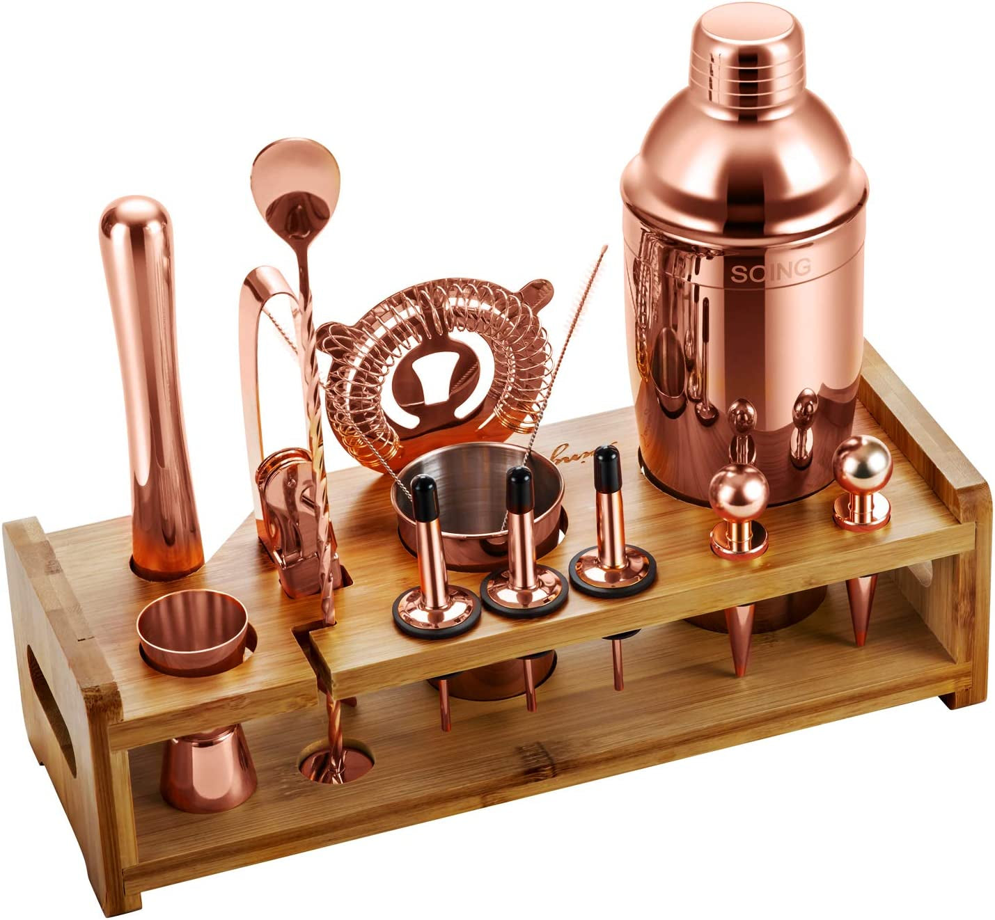 Tis the Season Rose Copper 24pc Bar Set! Perfect Holiday Home Bartending Kit for Festive Drink Mixing. Stainless Steel Bar Tools with Stand, Velvet Carry Bag, and Recipe E-Book Included.