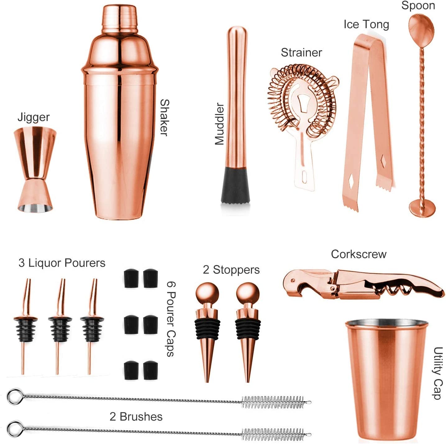 Tis the Season Rose Copper 24pc Bar Set! Perfect Holiday Home Bartending Kit for Festive Drink Mixing. Stainless Steel Bar Tools with Stand, Velvet Carry Bag, and Recipe E-Book Included.