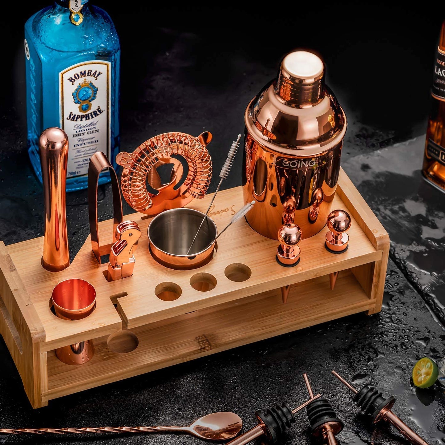 Tis the Season Rose Copper 24pc Bar Set! Perfect Holiday Home Bartending Kit for Festive Drink Mixing. Stainless Steel Bar Tools with Stand, Velvet Carry Bag, and Recipe E-Book Included.