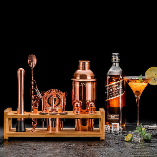 Tis the Season Rose Copper 24pc Bar Set! Perfect Holiday Home Bartending Kit for Festive Drink Mixing. Stainless Steel Bar Tools with Stand, Velvet Carry Bag, and Recipe E-Book Included.
