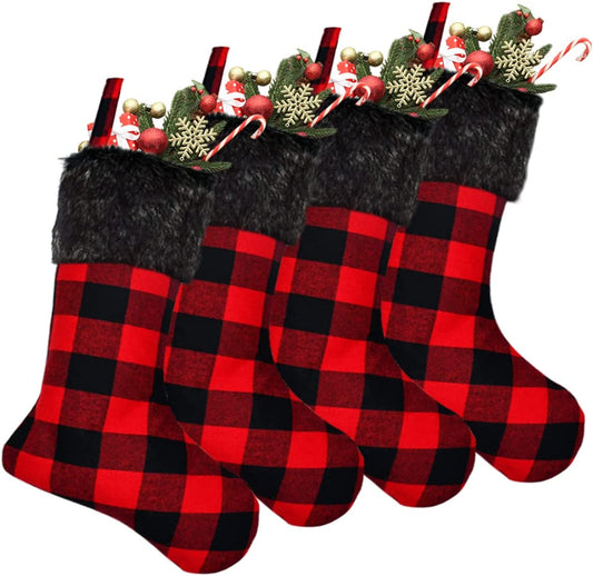 Christmas Stockings - 4 Pack 18" Red Black Buffalo Plaid Stockings with Plush Faux Fur Cuff, Classic Large Christmas Decorations